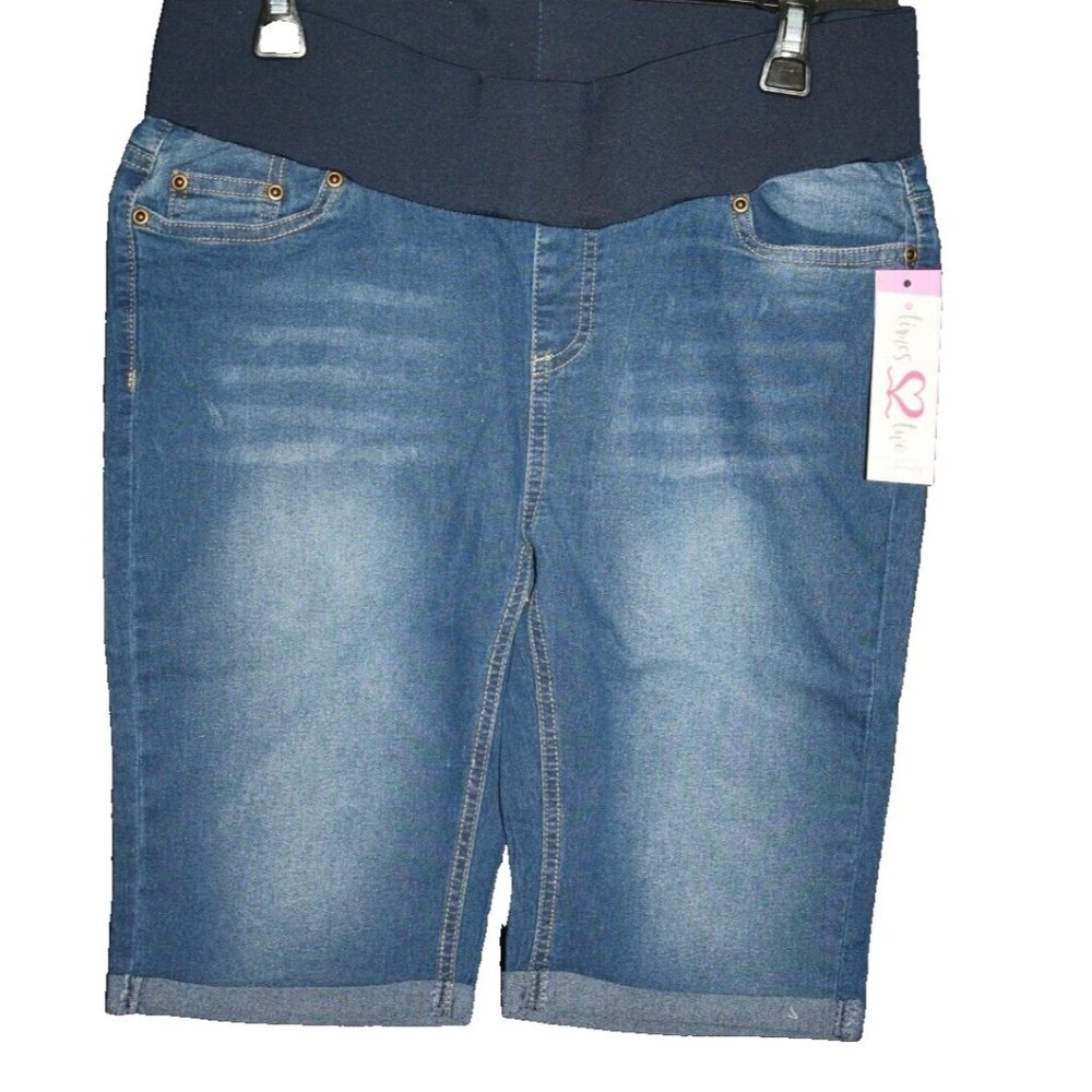 Times Two Maternity Bermuda Denim Jean Shorts Pregnancy Sz Medium Dark Blue NEW